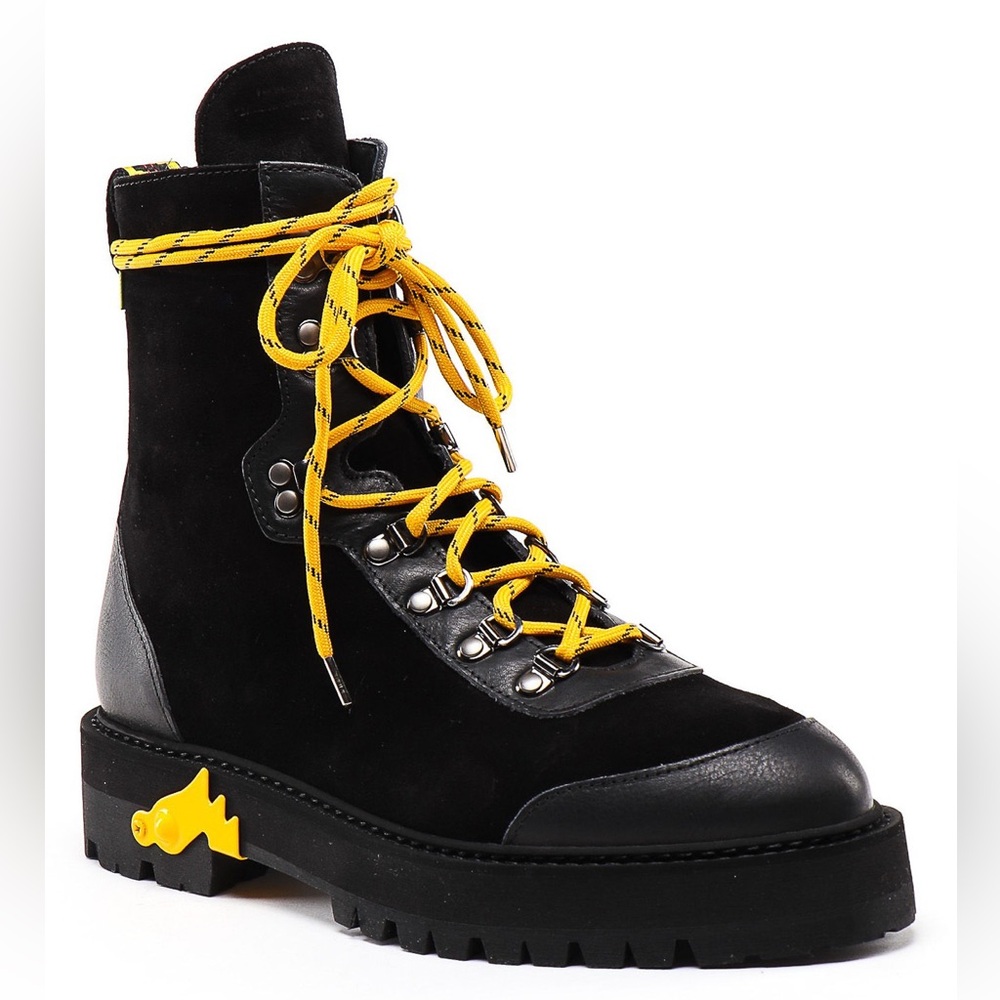 ✨️HOST PICK✨️ OFF-WHITE Hiking Black Suede Yellow Contrast Combat Boots sz 41